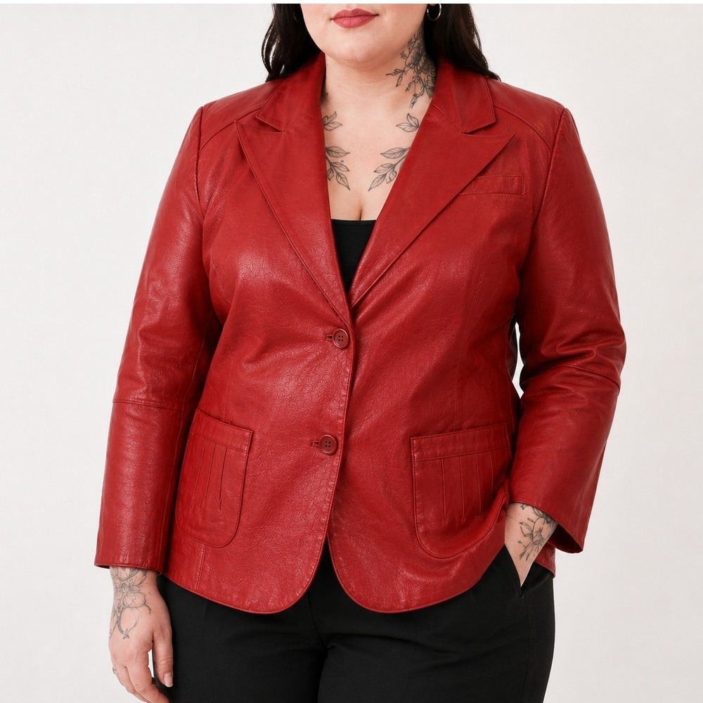 Vintage Red Leather Jacket Womens 20 Tailored Fit Peak Lapel 2 Button Blazer